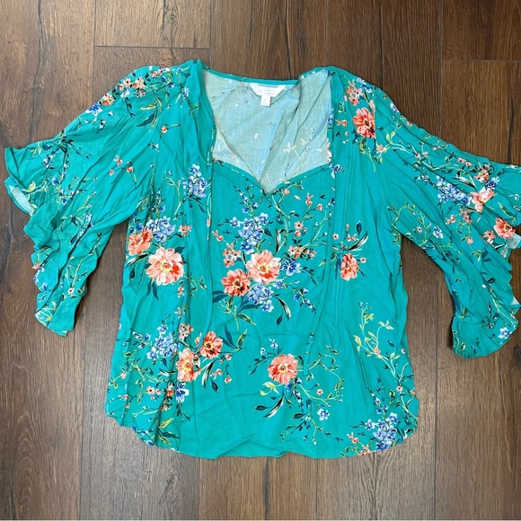 LC Lauren Conrad teal floral blouse SZ LG - Picture 1 of 3